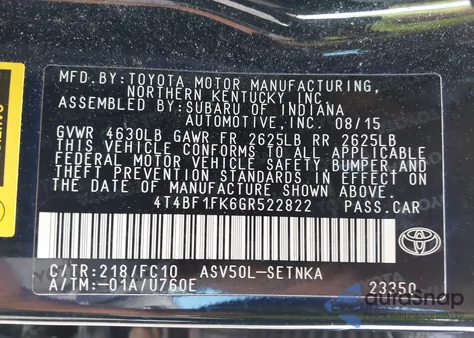 2016 Toyota Camry Le из США, поврежденный, VIN 4T4BF1FK6GR522822